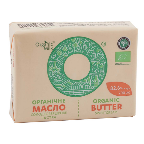 Organic sweetcream butter , fat content 82,6% wt 200 g.