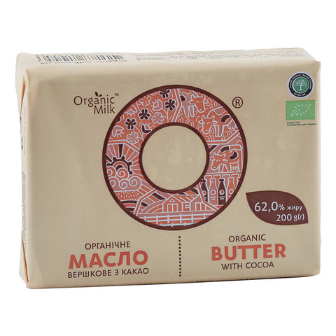 Organic sweet cream butter with cocao  fat 62 %  wt 200g.