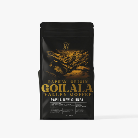 Papuan Origin - Goilala Valley 250G Papuan Origin - Goilala Valley Elevation - 1850 - 1870 Mtrs Quality - Fully Washed  - Whole bean. 100% Naturally grown Arabica Coffee Varieta