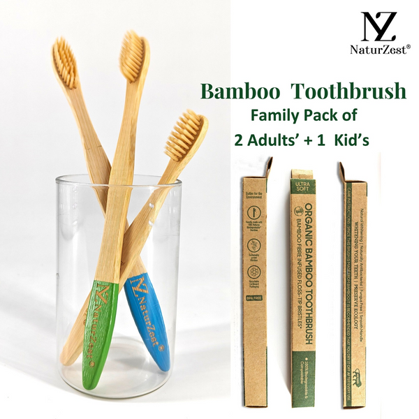 NaturZest Sustainable Bamboo Toothbrush – Set of  3 (2 Adults + 1 Kids)