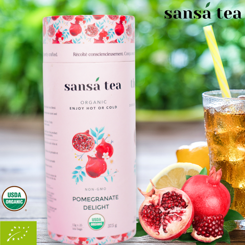 Sansa Tea (Organic) - Pomegranate Delight (25 tea bag in Paper Canister) - Flavored Black tea - Ceylon Tea