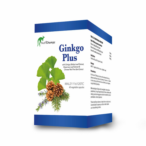 Nutrichampz Gingko Plus Gingko Biloba, Rosemary Leaf Extract & Chinese Red Pine Bark in 60 vegetable capsules