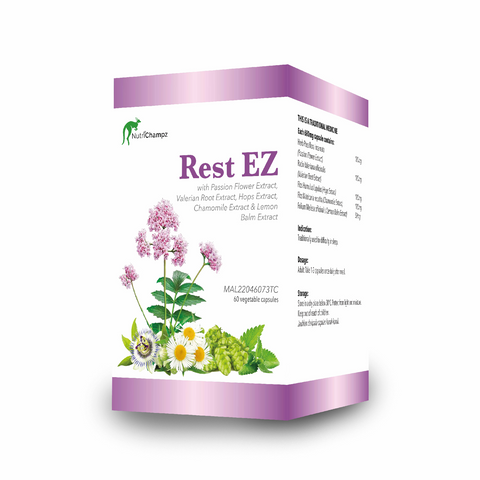 Nutrichampz Rest Ez Passion Flower Extract Valerian Root Extract Hops Extract Chamomile Extract Lemon Balm Extract in 60 Vegetable Capsules
