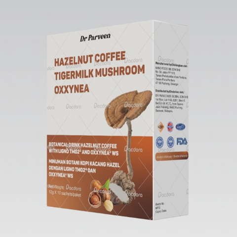 TIGERMILK MUSHROOM COFFEE WITH HAZELNUT AND OXXYNEA(11 NATURAL SUPERFRUITS & 11 SUPERVEGGIES EXTRACT) (10 Sachets)