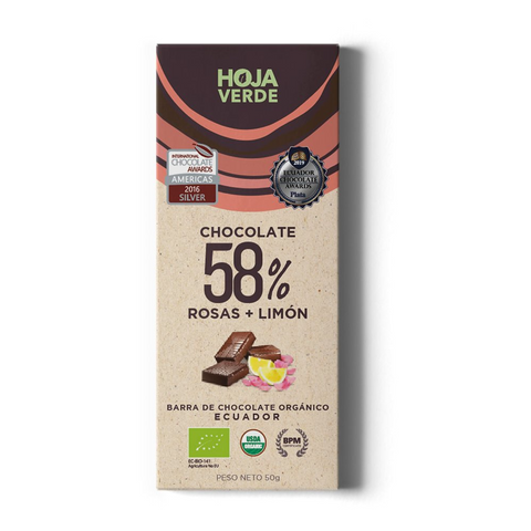 HOJA VERDE 58% CACAO ROSAS + LIMÓN