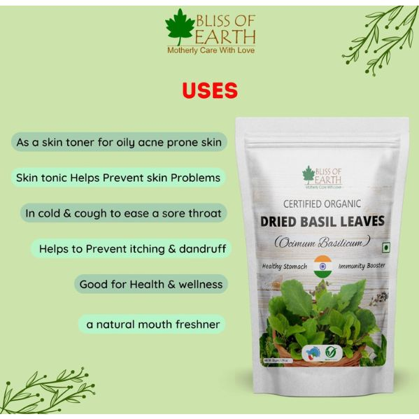 Bliss of Earth Organic Dried Basil Leaves Tusli leaf Aromatic Culinary Delights Great for Tea Soup Salad Health Immunity 100g