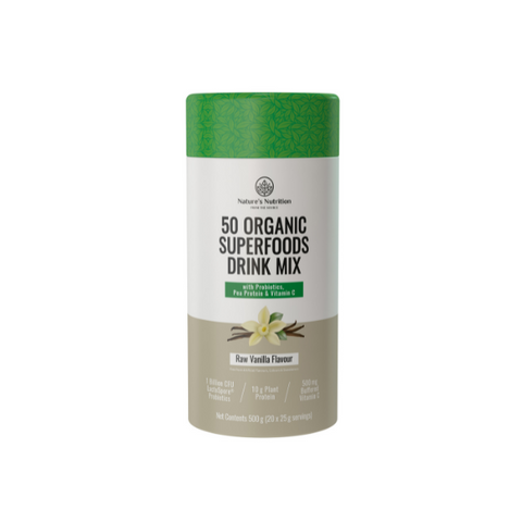 Nature's Nutrition 50 Organic Superfoods + Protein Raw Vanilla, 500 g