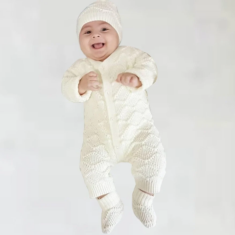 BEBEGEN Cream Baby Knitwear Booties Jumpsuit Set