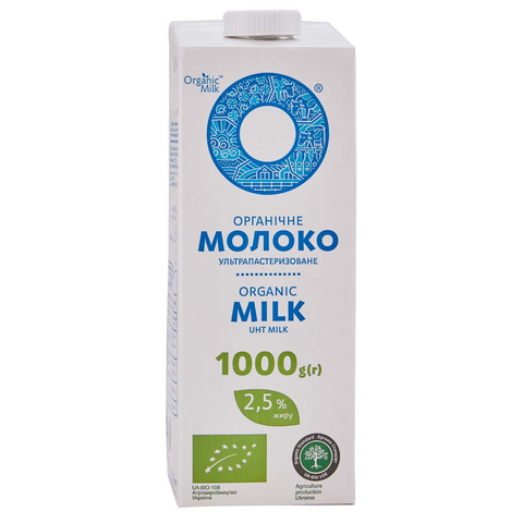 Organic cow  UHT milk pasteurized , fat content 2.5 % wt. 1000 g.