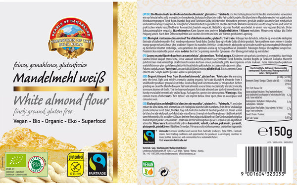 Organic Fairtrade white ground almond flour.