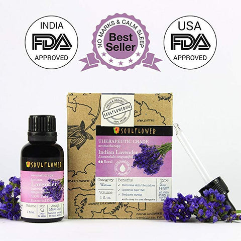 Soulflower Lavender Essential Oil,100% Pure Undiluted, USFDA approved, Therapeutic Grade, Calming & Relaxing Sleep, Natural & Safe, Vegan & Organic, Aromatherapy, BONUS Glass Dropper, 1 FL.OZ