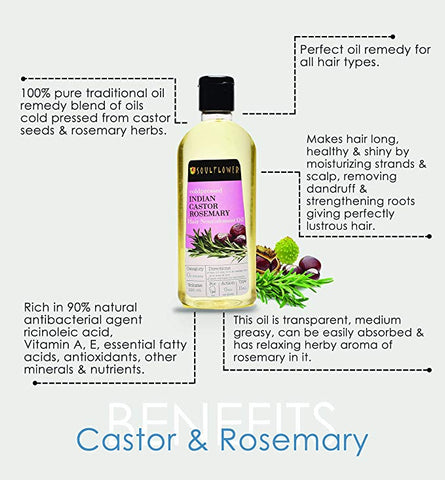 Soulflower Cold Pressed Castor & Rosemary Hair Nourishment Oil- Top 100% Pure Castor & Rosemary Oil For Hair Growth & Hair Loss, 6.77 Fl.Oz- Natural Hair Oil For Unique Shine + BONUS Travel Mini Spray