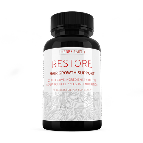 RESTORE Hair Growth Support For Longer & Stronger Hair, Hair Growth Solution 23 All Natural Non-GMO, Ingredients w Biotin, Silica & Inositol, 30 Potent Tablets, Made in the USA Herbs of the Earth