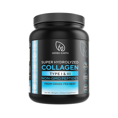 Collagen Peptides Powder Type 1 and 3 Unflavored 454g Jar Super Collagen Hydrolyzed Protein Grass-Fed Certified KETO Paleo Friendly, 90% Protein, Zero Carbs, Non-GMO from Herbs of the Earth