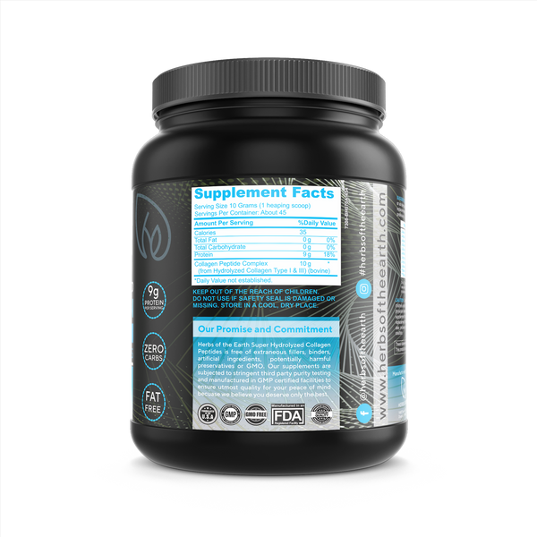 Collagen Peptides Powder Type 1 and 3 Unflavored 454g Jar Super Collagen Hydrolyzed Protein Grass-Fed Certified KETO Paleo Friendly, 90% Protein, Zero Carbs, Non-GMO from Herbs of the Earth