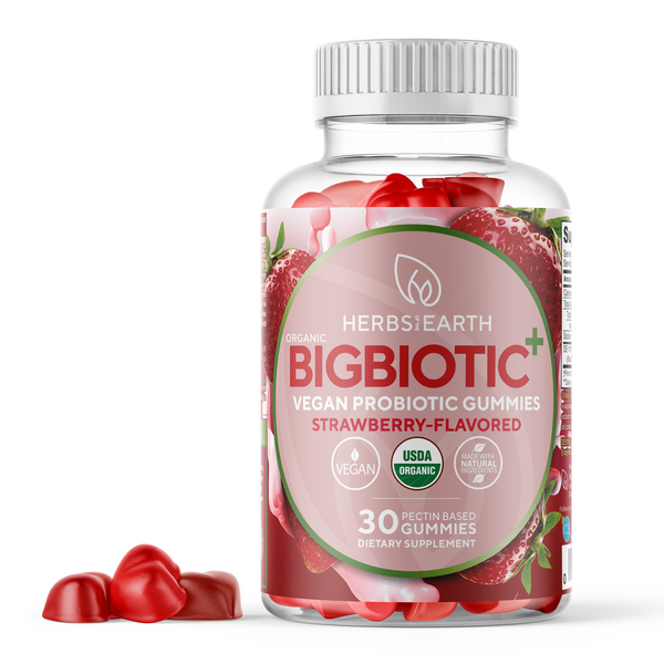 Probiotics for Adults BIGBIOTIC+USDA Organic, Non-GMO, Vegan, 30 Strawberry Gummies for Digestion & Immune Support 5 Billion CFU of DE111 Spore Forming Strain from Herbs of the Earth