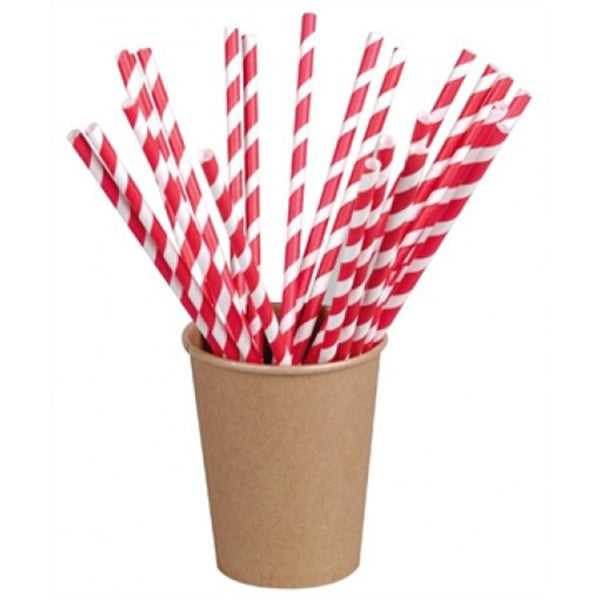 Paper Straws With Red Stripes L: 210 Mm / 8.3’’ - Ø 6 Mm / 2”